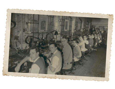 A black and white photograph of workers.